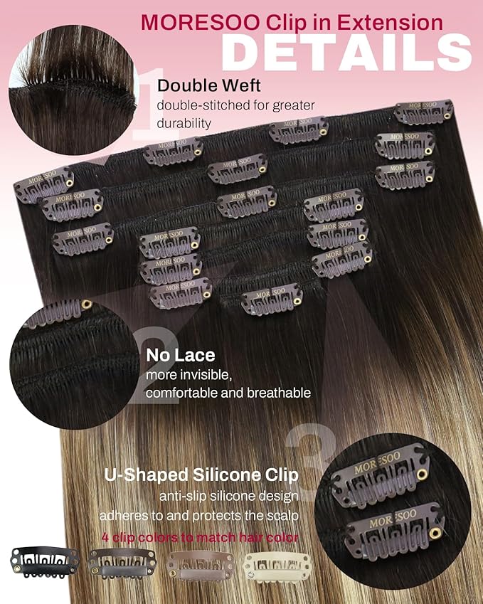 Moresoo Hair Extensions Clip ins Dark Brown Balayage Clip in Hair Extensions Ombre Medium Brown to Bleach Blonde Natural Human Hair Clip in Extensions Real Human Hair Long 7Pcs 120G 24 Inch