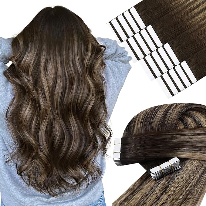 YoungSee Balayage Tape in Hair Extensions Brown Human Hair Tape in Extensions Dark Brown with Blonde Ombre Hair Extension Real Human Hair Tape-in for Girls 20 Inch 20pcs 50g