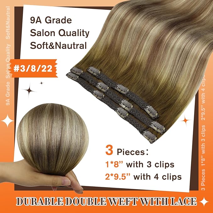 Full Shine Clip in Hair Extensions Balayage Seamless Human Hair Clip in Dark Brown to Ash Brown Mix Medium Blonde Real Hair Extension Lace Weft 16 Inch 3 PCS 60 G