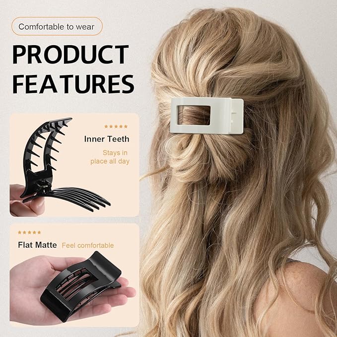8 Pack French Flat Hair Clips for Women – Large Matte No-Slip Claw Barrettes for Thick & Thin Hair, Strong Hold Styling Accessories (Glossy Black and White)