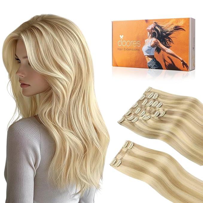 DOORES 18 Inch 9pcs Clip in Human Hair Extensions, Real Human Hair, Dirty Blonde Highlight Golden Blonde, Super Thick 150g, Wavy