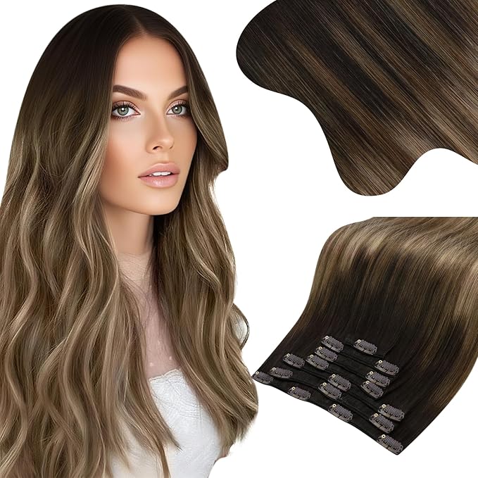 Moresoo Human Hair Clip in Extensions Ombre Real Hair Extensions Clip in Human Hair Balayage Dark Brown to Dark Ash Blonde with Dark Blonde Double Weft 7pcs/150g 20inch