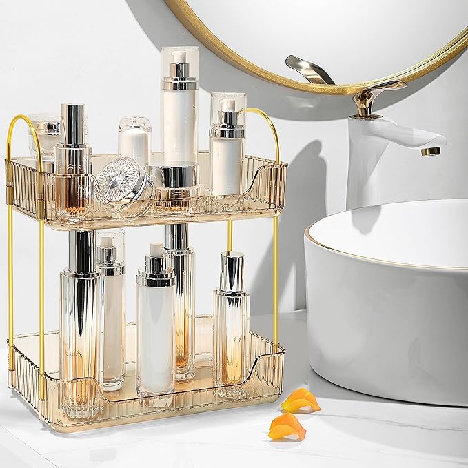 Bathroom Counter Organizer Countertop Storage Skincare Countertop Makeup Organizer Cosmetics Skincare Organizers Holder for Perfume-Amber-golden pole