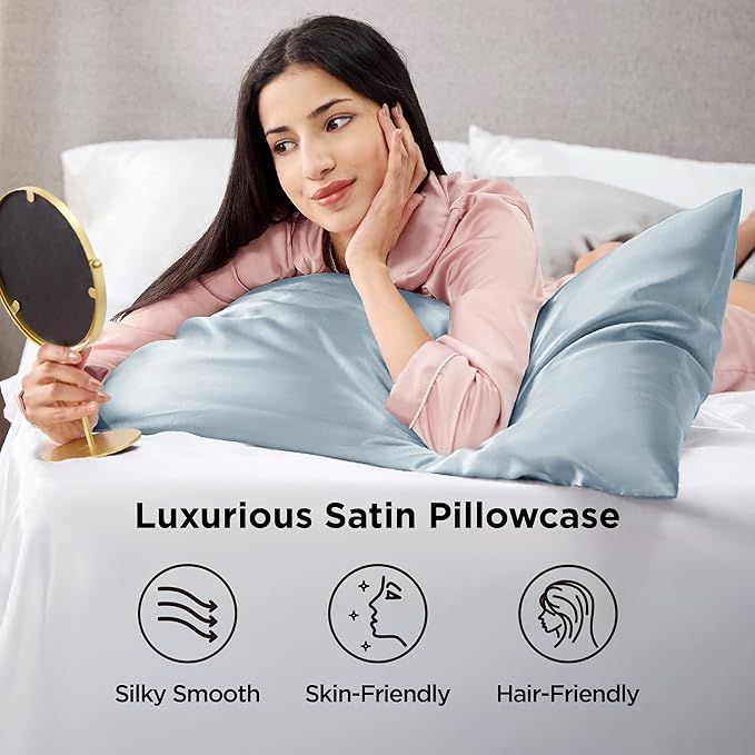 Bedsure Satin Pillowcase 2 Pack Similar to Silk Pillow Cases Standard Size, Pillow Case for Sleeping Women with Envelope Closure, Gifts for Women Men, Stone Blue, 20x26 Inches, 2pcs