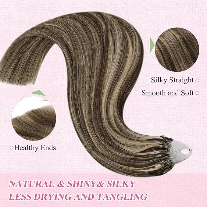 YoungSee Micro Loop Hair Extensions Real Human Hair Brown Highlight Micro Ring Hair Extensions Human Hair Highlight Dark Brown and Blonde Microbeaded Extension Human Hair Remy Hair 22In 50g 50s