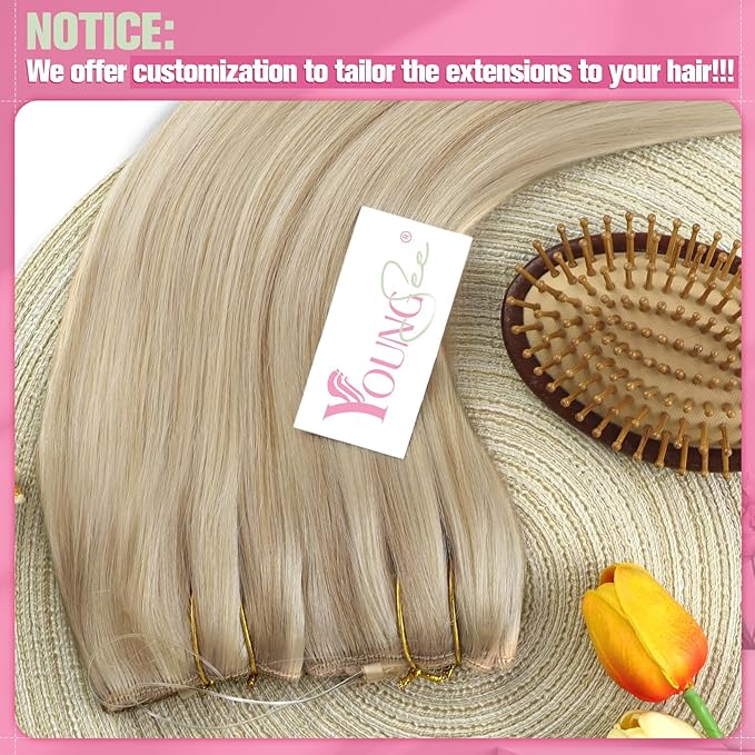YoungSee 130g Wire Hair Extensions Ash Blonde Highlights Bleach Blonde Human Hair Wire Extensions Blend Naturally Fish Line Hair Extensions Real Human Hair 20Inch
