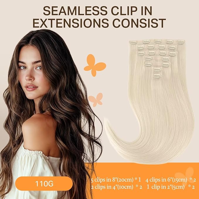 DOORES Hair Extensions Real Human Hair, Platinum Blonde 12 Inch 7pcs 80g, Seamless Clip in Extensions Remy Straight Hair Extensions Clip Invisi Edge Weft