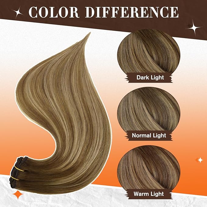 Full Shine Hair Extensions Clip Ins Brown Hair Extensions 12 Inch Real Hair Extensions Ombre Brown Fading to Honey Blonde Highlighted Short Natural Human Hair Extensions for Women 3Pcs 60Grams