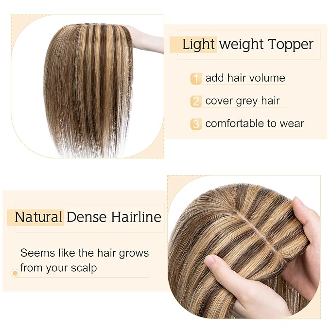 SEGO Human Hair Toppers for Women With Thinning Hair, 7 * 13CM Silk Base 100% Real Human Hair Clip in Top Wiglet Hairpieces //12 Inch No Bangs Medium Brown&Dark Blonde