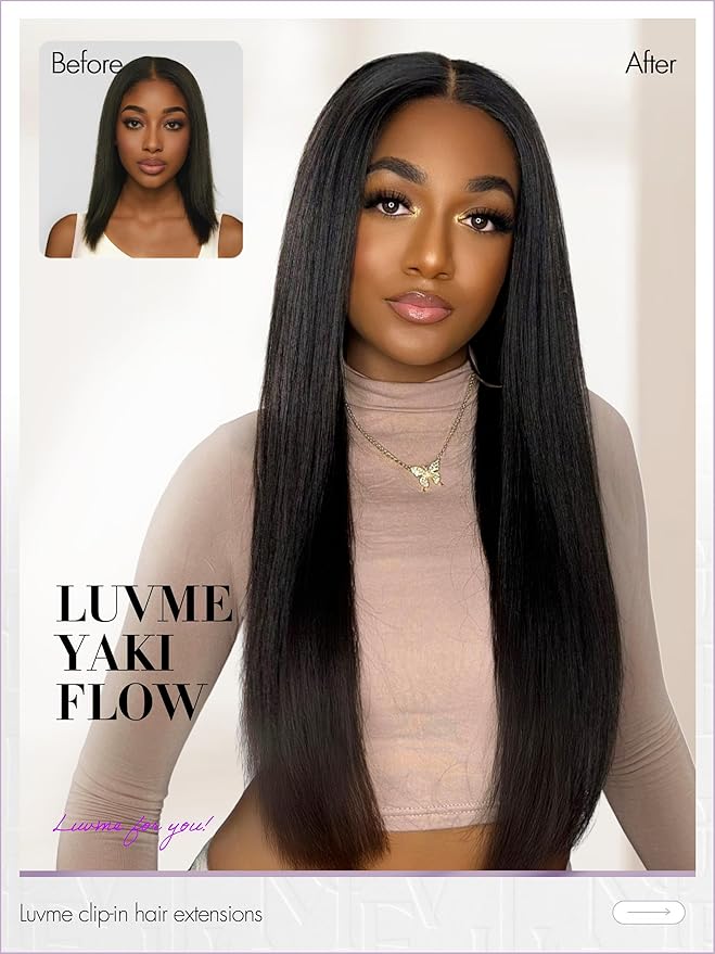 LUVME Yaki Straight Seamless 70g 4Pcs Clip in Hair Extensions Full Max with 26inch Remy Human Hair Clip ins Extensions, Natural Black 100% Real Soft Hair