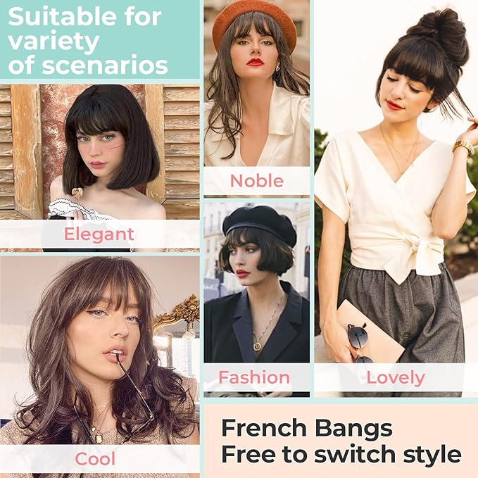 Clip in Bangs, Synthetic French Bangs Hair Clip, Fake Bangs Fringe with Temples Hairpieces for Women Natural Curved Hair Extensions for Daily Wear White mix Red