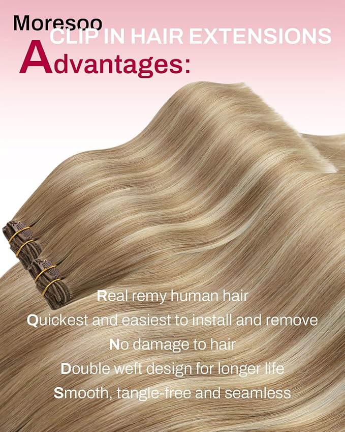 Moresoo Seamless Extensions Clip in Human Hair Light Brown Ombre Golden Blonde Seamless Balayage Clip in Hair Extensions Human Hair 7pcs/120g 22inch