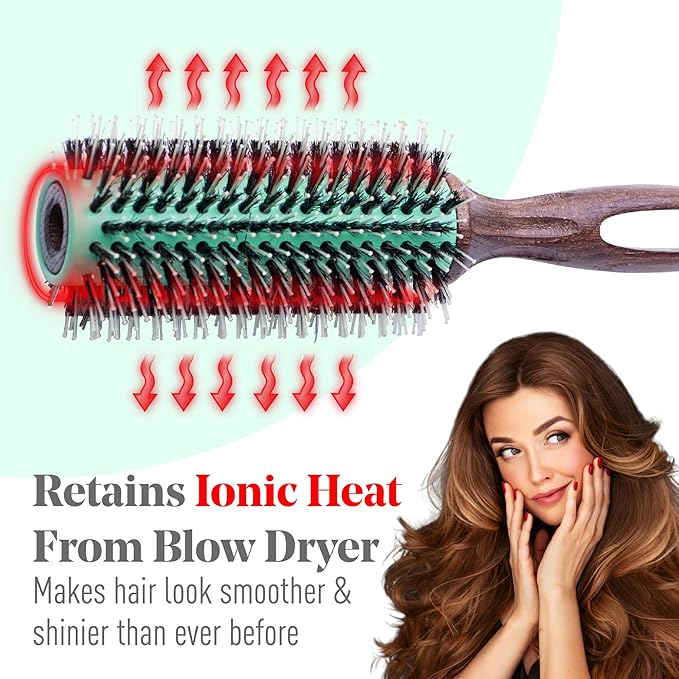 MINT Eco-Friendly Boar Bristle Round Brush for Blow Drying | Durable Blowout Styling for All Hair Types | Ceramic Round Brush with Hand-Crafted Wooden Handle (20 mm)