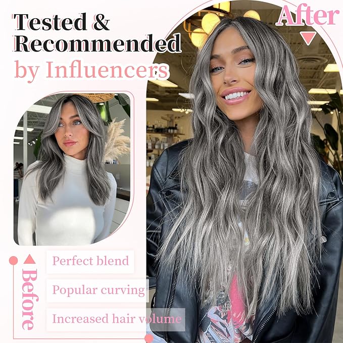 KooKaStyle Clip in Synthetic Hair Extensions Long Wavy 4PCS Thick Hairpieces Grey Sliver Mixed Fiber Double Weft Natural Hair Extensions 20 Inch for Women