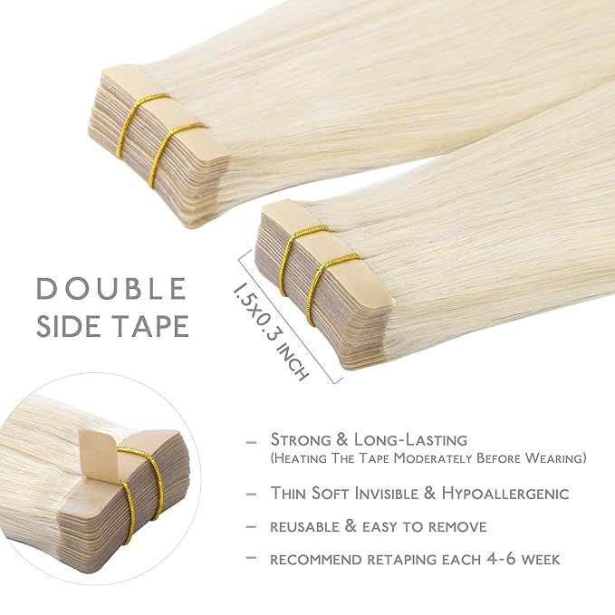 WENNALIFE Tape in Hair Extensions Human Hair, 20pcs 50g 24 inch Platinum Blonde Remy Hair Extensions Straight Human Hair Tape in Extensions Skin Weft Tape Extensions Human Hair