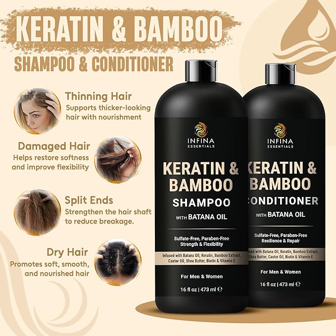 Keratin Shampoo and Conditioner Set | 16 fl oz Each | with Batana Oil & Bamboo Extract | Controls Frizz, Strengthens, Nourishes, & Adds Shine for Smoother Hair