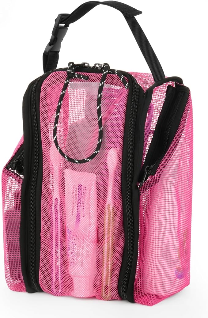 Cosmos Mesh Shower Caddy Toiletry Organizer Hanging Shower Tote Bag, Quick Dry Shower Organizer Portable Bath Bag with Durable Zippers & Side Pockets for Travel Gym Swimming Beach & Camp (Hot Pink)