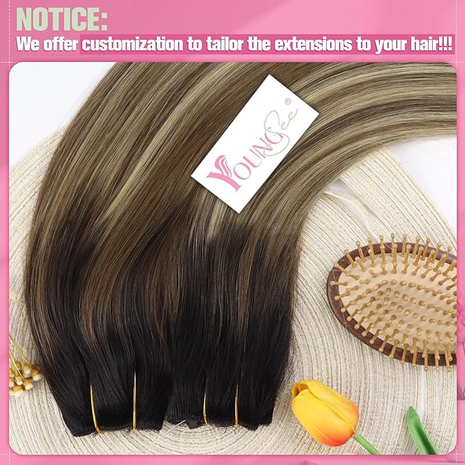 YoungSee Invisible Wire Hair Extensions Balayage Brown to Blonde Human Hair Extensions Wire Dark Roots to Medium Brown with Warm Blonde Highlights Fish Line Extension Hair for Women 20In 100G