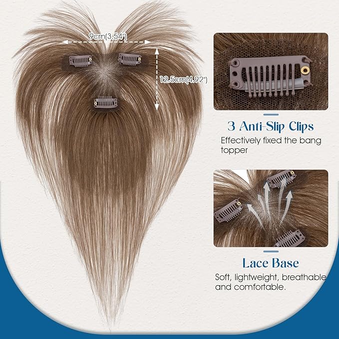 Hair Topper Human Hair Curtain Air Bangs Topper for Women,3.54x4.92 T-part Lace Base Real Human Hair Topper Hair Piece for Daily Wear(Air Bangs,Meduim Brown)