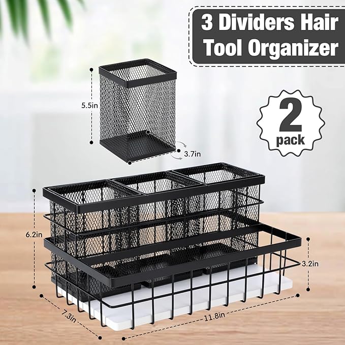 2 Pcs Hair Tool Organizer Countertop Breathable Metal & Bamboo Hot Tools Organizer Under Sink Bathroom Hair Dryer Holder Countertop Brush Comb Holder,makeup tray (White Bamboo,Black)