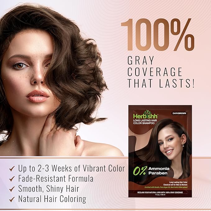 Herbishh Hair Color Shampoo for Gray Hair–Natural Hair Dye Shampoo with Argan Hair Mask–Travel size-Colors Hair in Minutes–Long lasting colour–1pack –Ammonia-Free (#Dark Brown)