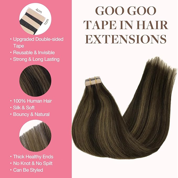 GOO GOO Tape in Hair Extensions Human Hair, 2/6 Dark Brown Highlighted Chestnut Brown, 20inch 30g 10pcs, Skin Weft Seamless Invisible, Silky Straight with Thick Ends, Remy Human Hair