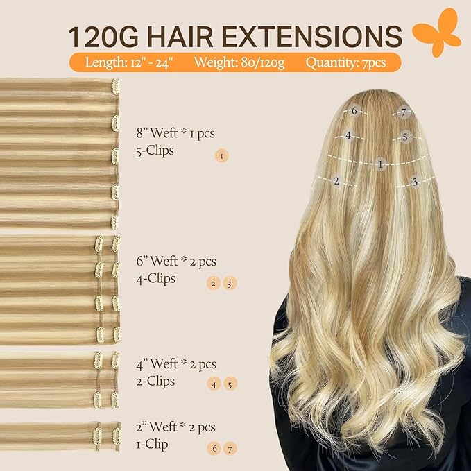 DOORES Clip in Hair Extensions, Real Human Hair, Balayage Dark Blonde Highlighted Bleach Blonde, 20 Inch 120g 7pcs, Remy Natural Straight Thick