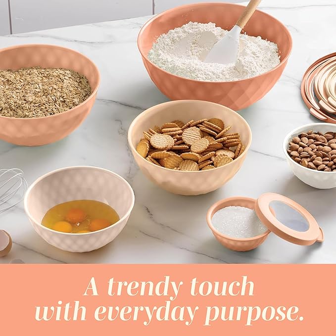 COOK WITH COLOR Mixing Bowls with Lids - 12 Piece Plastic Nesting Bowls Set includes 6 Prep Bowls and 6 Lids, Diamond Design - Microwave Safe, Orange