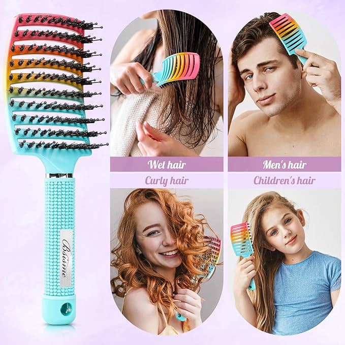 Boar Bristle Hair Brush, Curved Vented Detangler Brush Faster Blow Drying, Paddle Detangling Brush for Women Men Kids Wet Dry Long Curly Thick Straight Hair, Make Hair Shiny and Healthier(Green+Blue)