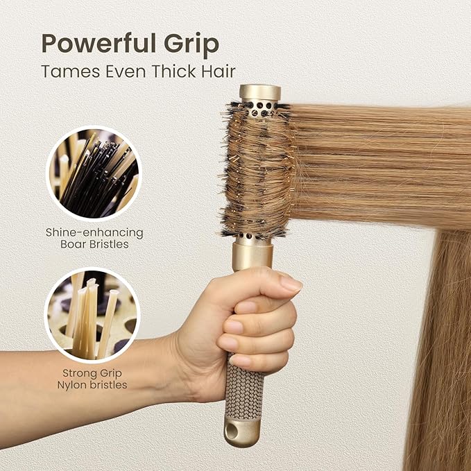 AIMIKE Round Hair Brush, 1 inch Barrel with Boar Bristles, Nano Thermal Ceramic & Ionic Tech, for Blow Drying, Styling, Curling and Shine + 4 Clips (Gold, Unisex, Fine Hair, Short Hair, Anti-Frizz)