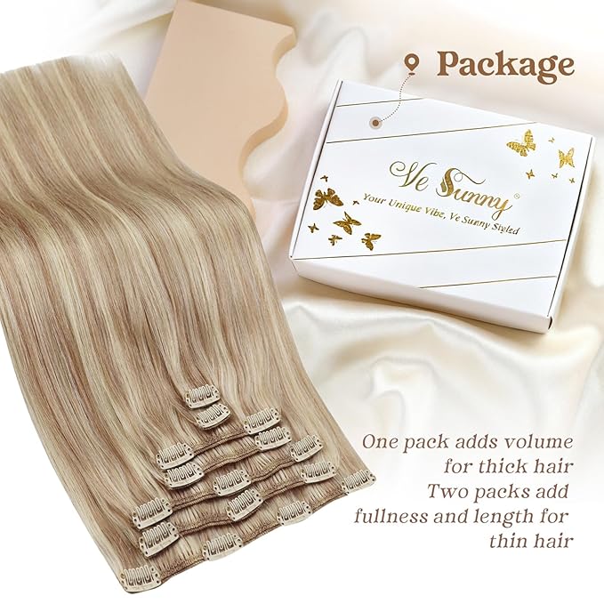 Ve Sunny Clip in Human Hair Extensions Highlights Clip in Hair Extensions Dark Ash Blonde Highlights Light Blonde Real Hair Extensions Clip in Human Hair for Thin Hair Daily Use 7pcs 16inch 120g