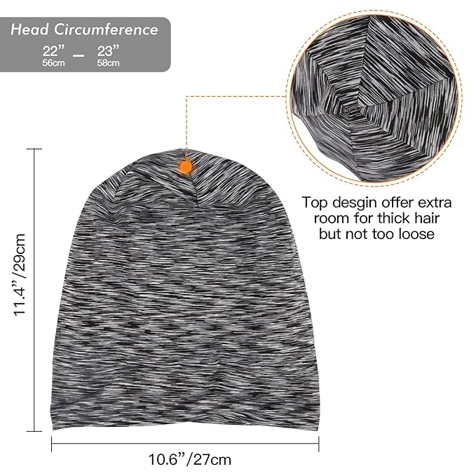 Silky Satin Lined Bonnet Sleep Cap - Adjustable Stay on All Night Hair Wrap Cover Slouchy Beanie for Curly Hair Protection for Women and Men - Heather Black
