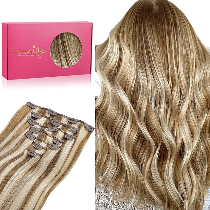 WENNALIFE Clip in Hair Extensions Real Human Hair, 20 Inch 120g 7pcs Ash Brown with Platinum Blonde Highlights Hair Extensions Clip in Human Hair RemyStraight Natural Extensiones De Cabello Humano Con