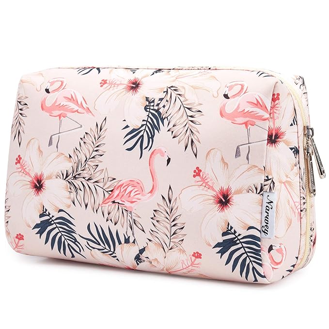 Narwey Cute Makeup Bag Travel Cosmetic Bag Organizer Toiletry Bag Make Up Bags with Compartments for Women Girls (Large, Beige Flamingo)