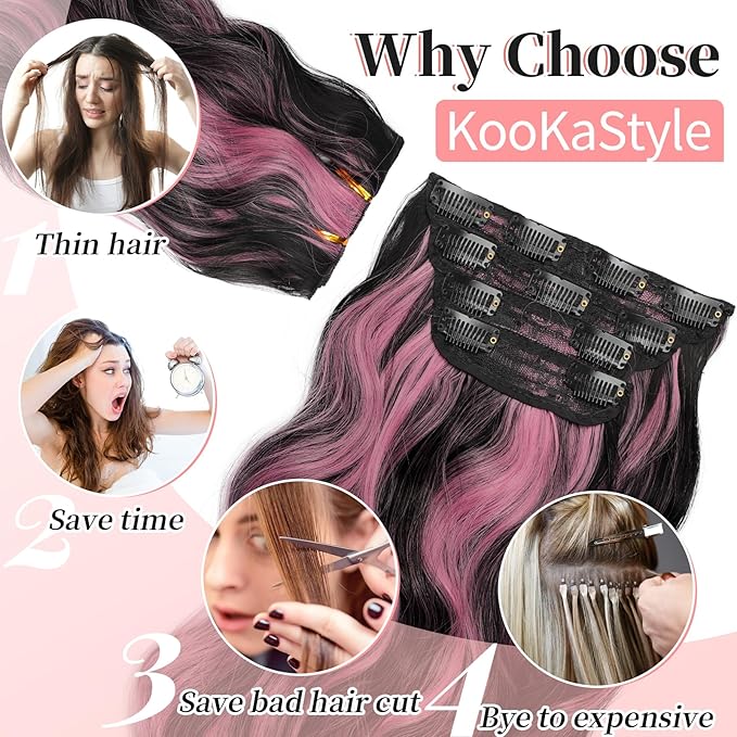 KooKaStyle Clip in Hair Extensions 4PCS Long Wavy Natural & Soft Hairpieces for Women 24 Inch for Women(Natural Black Pink)