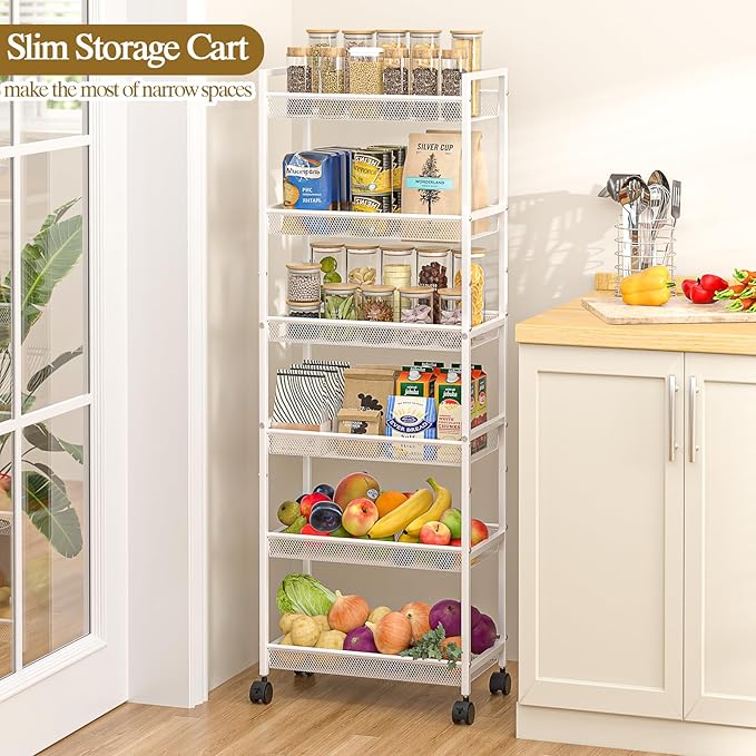 6 Tier Slim Rolling Storage Cart, Narrow Mobile Shelving Unit Organizer Utility Cart with Wheels, Metal Wire Storage Rack with Baskets for Kitchen, Bathroom, Laundry & Living Room, 10in(W) White