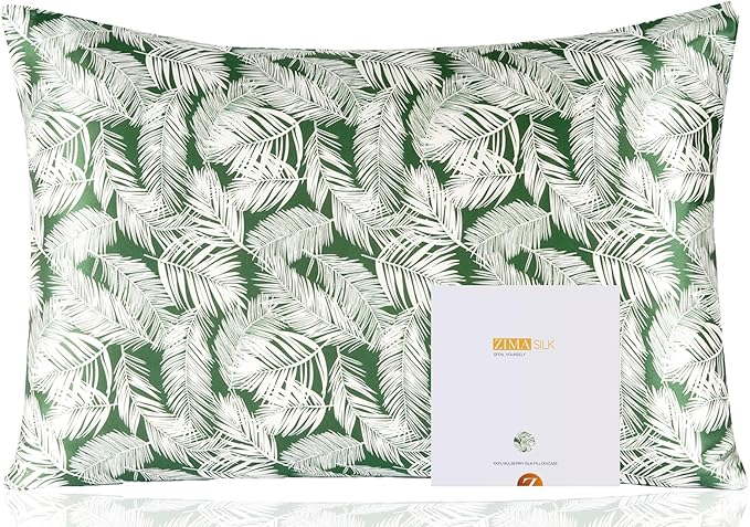 ZIMASILK 100% Pure Mulberry Silk Pillowcase for Hair and Skin Health,Both Sides 19 Momme Silk Floral Print,1pc (Standard 20''x26'',White Leaves)