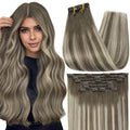 Full Shine Balayage Clip in Hair Extensions Remy Human Hair Ash Brown Ombre Blonde Clip in Extensions 7/800/7 14 Inch Medium Length Hair Extensions 7 Pcs 120 G