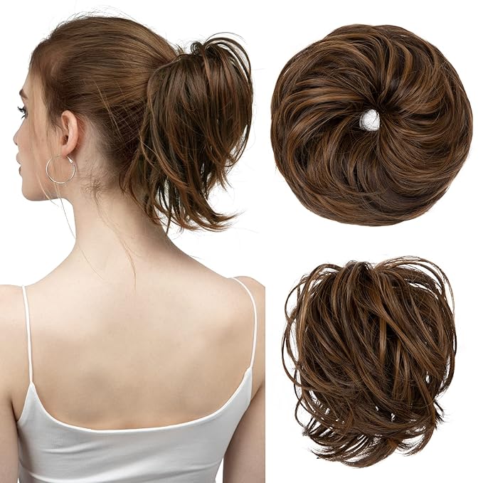 SARLA Messy Hair Bun Hair Pieces Curly Synthetic Updo Fake Scrunchies Ponytail Extension for Women Dark Brown/Golden Blonde 1PCS