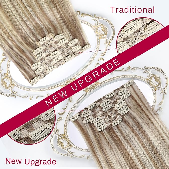 Moresoo Clip in Hair Extensions Balayage Brown Remy Human Hair Clip in Extensions Dark Brown Mixed with Caramel Blonde 7Pcs/120G 20inch