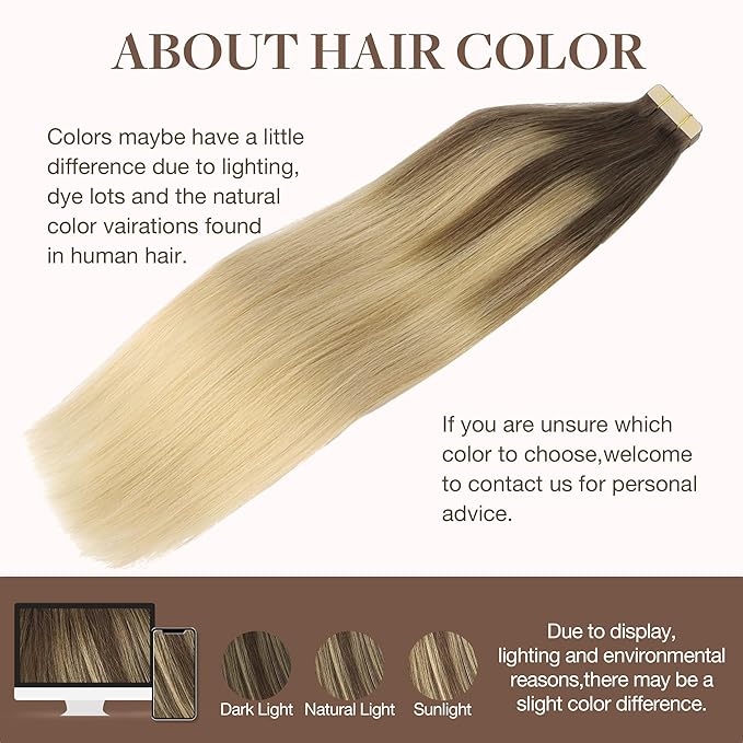 GOO GOO Tape in Hair Extensions Human Hair, 4/18 Balayage Chocolate Brown Highlighted Dirty Blonde, 20inch 100g 40pcs, Skin Weft Seamless Invisible, Silky Straight with Thick Ends, Remy Human Hair