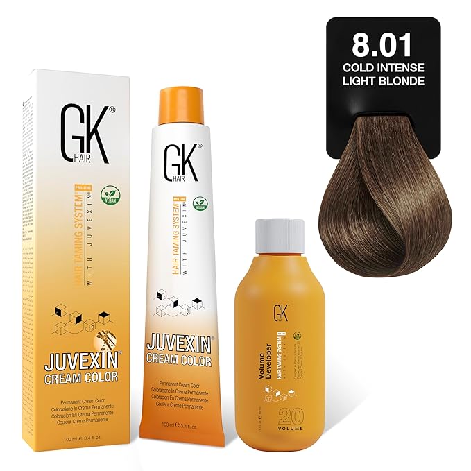 GK HAIR Global Keratin Cold Naturals 8.01 Intense Light Blonde Hair Color Cream Tube (3.4 Fl Oz/100ml) + 20 Volume Developer (5 Fl Oz/150ml) - Professional Permanent Long Lasting Toner Dye