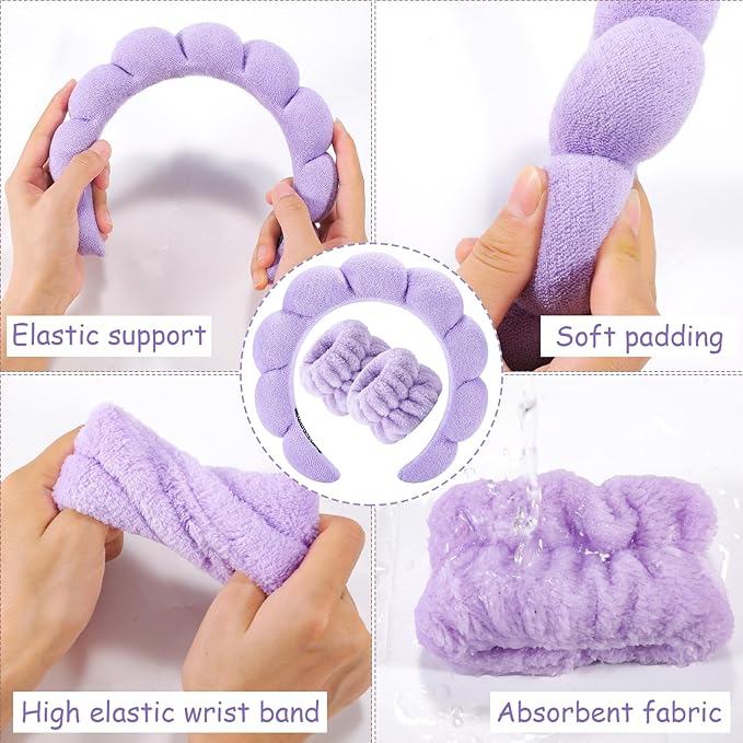 Zkptops Spa Headband for Washing Face Wristband Set Sponge Makeup Skincare Headband Terry Cloth Bubble Soft Get Ready Hairband Women Girl Puffy Padded Headwear Non Slip Thick Hair Accessory(Purple)