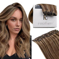 RUNATURE Clip in Hair Extensions Real Human Hair Dark Brown Highlight Soft Silky Human Hair Clip in Extensions 50g 3pcs 18 Inch #3P12 Brown Highlight Blonde
