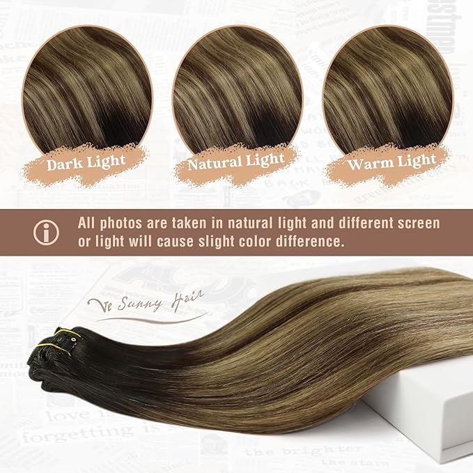 Ve Sunny Clip in Hair Extensions Real Human Hair Black Ombre Clip in Human Hair Extensions Black with Brown Blonde Balayage Hair Extensions Clip ins Short Hair 12Inch 80g