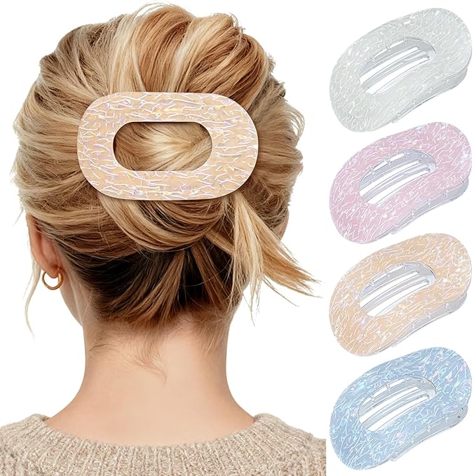 Mesovor 4 Pack French Flat Hair Clips for Women, 3.74" Nonslip Stylish Round Duckbill Lay Flat Hair Claw | Side Slide Volume Flat Hairclips for Lying Down, Yoga, Driving (Mermaid Crack)