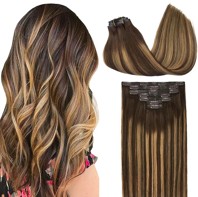 GOO GOO Clip in Hair Extensions Real Human Hair, Remy Human Hair Extensions Clip ins for Women, Natural Human Hair, 22inch 160g 7Pcs, #4/27/4 Balayage Chocolate Brown to Caramel Blonde