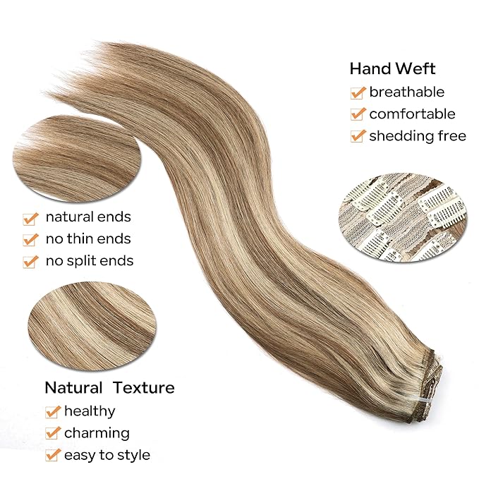 Straight Clip In Hair Extensions Real Human Hair 8Pcs Clip In Balayage Chestnut Brown Highlight Blonde Human Hair Extensions with 18Clips Lace Weft 120g 16inch