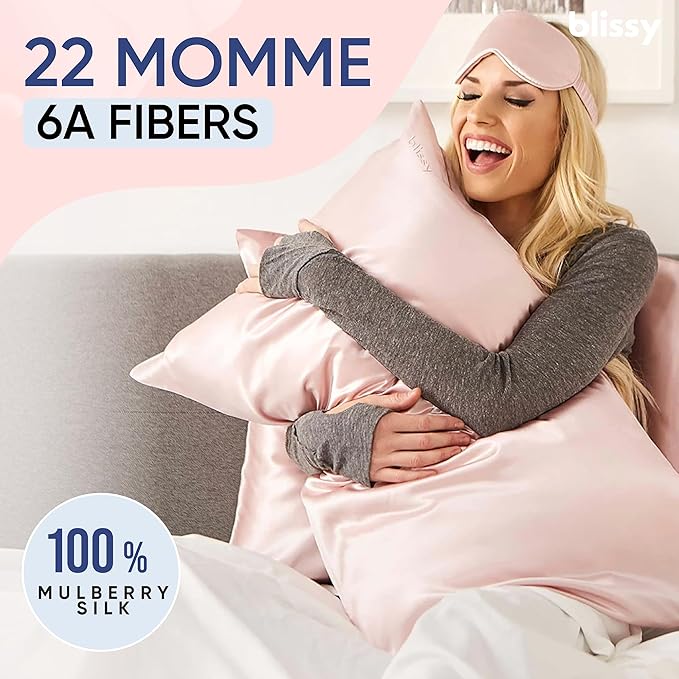 Blissy Silk Pillowcase - 100% Pure Mulberry Silk - 22 Momme 6A High-Grade Fibers - Silk Pillow Cover for Hair & Skin - Regular, Queen & King (Pink, King)