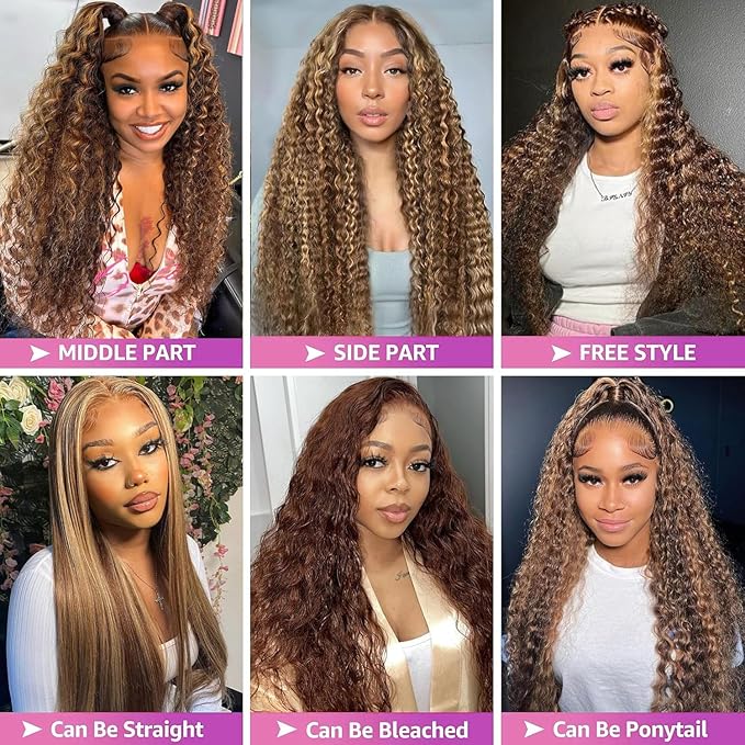 30inch Highlight Ombre Lace Front Wig Human Hair Deep Wave 13x6 HD Honey Blonde Lace Frontal Wigs P4/27 Curly Human Hair Wig Glueless Wigs Human Hair